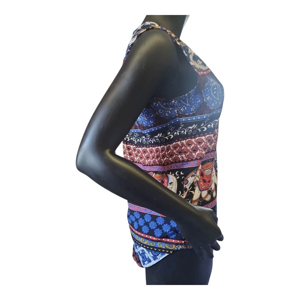 Artsy Boho Elephant Print Tank Top Resort Travel Inspired Blouse Small - Picture 4 of 12